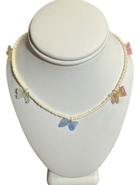 Pastel Butterfly Beaded Necklace White Seed Beads Adjustable Gold Tone Clasp
